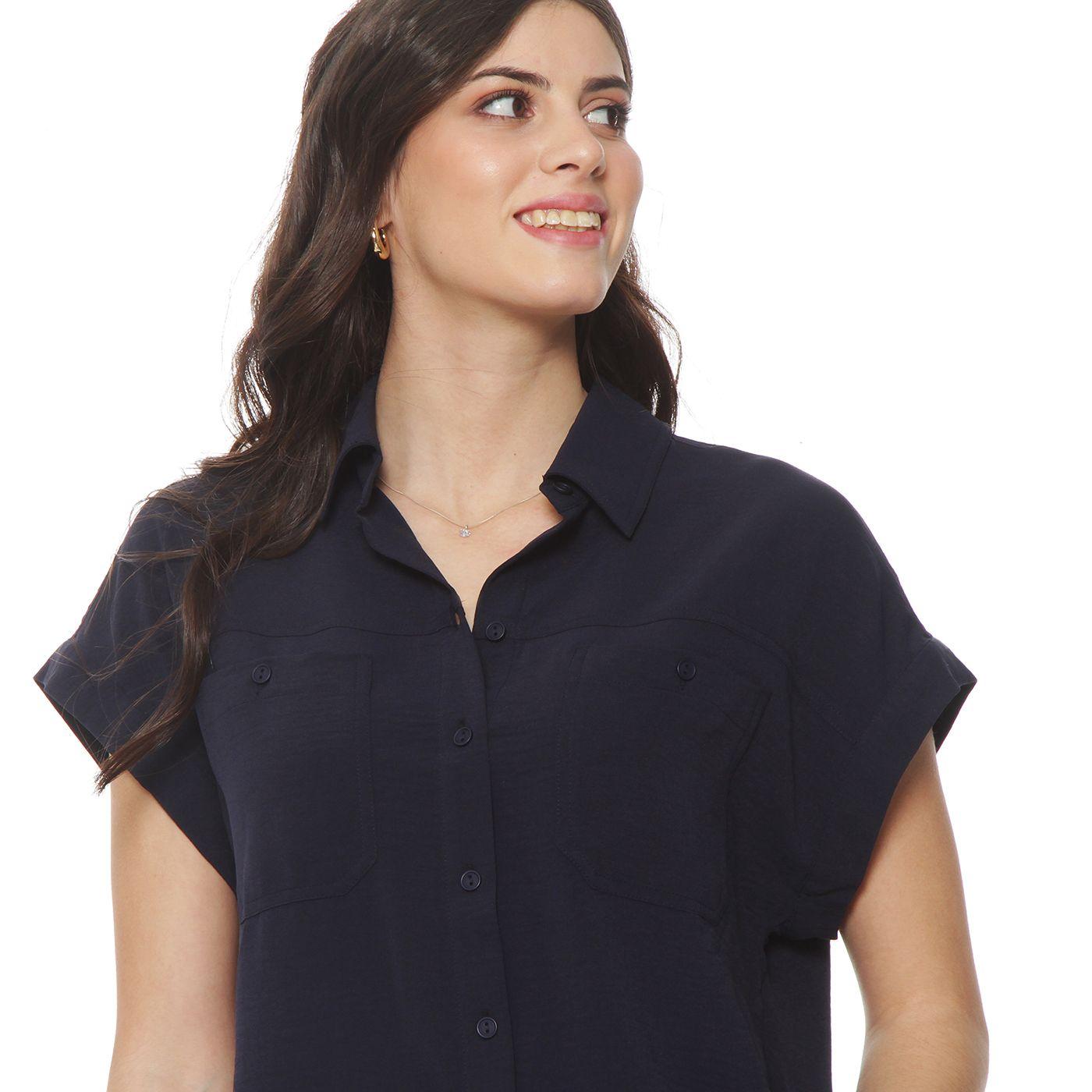 Blusa Manga Corta Con Cuello Abotonadaen Delantero Y Bolsillo-2