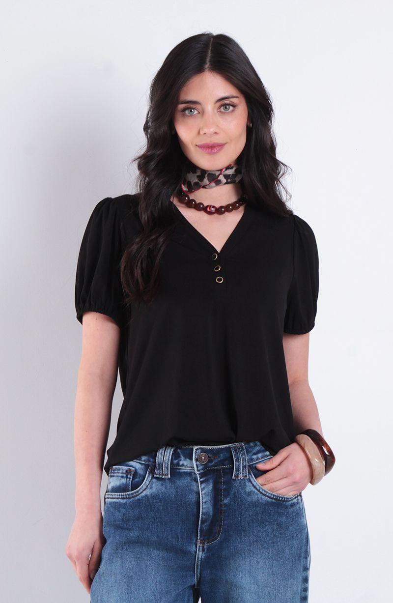 Polera Manga Corta Con Elastico Con Cuello En V Y Botones-0