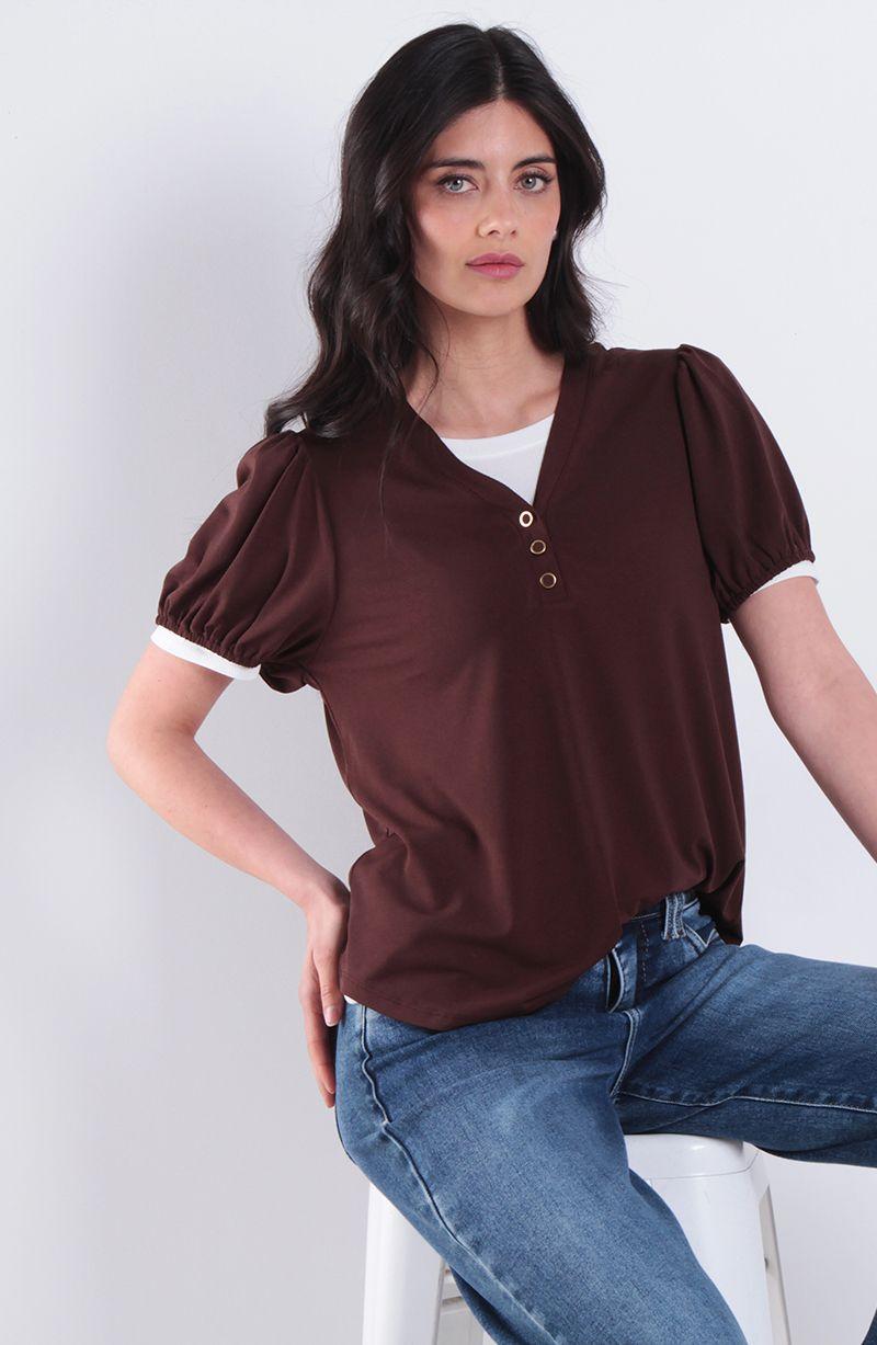 Polera Manga Corta Con Elastico Con Cuello En V Y Botones-0