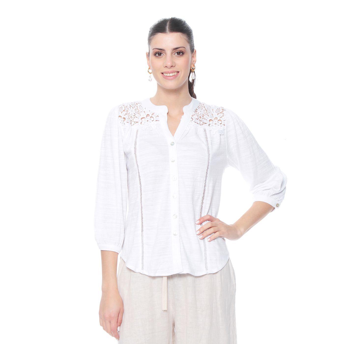 Blusa Manga 3/4 Con  Brodery En Delantero Y Espalda Escote V-0