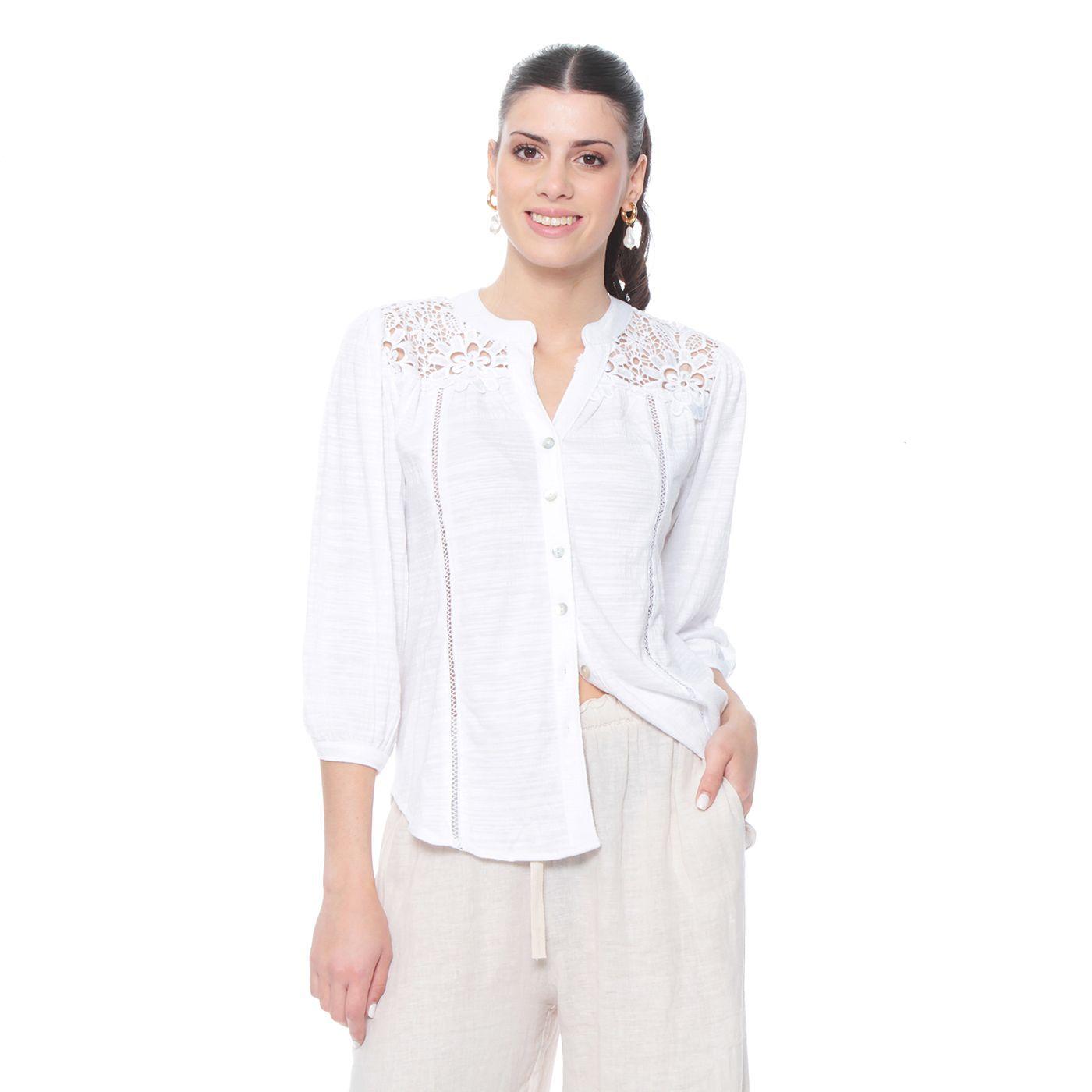 Blusa Manga 3/4 Con  Brodery En Delantero Y Espalda Escote V-2