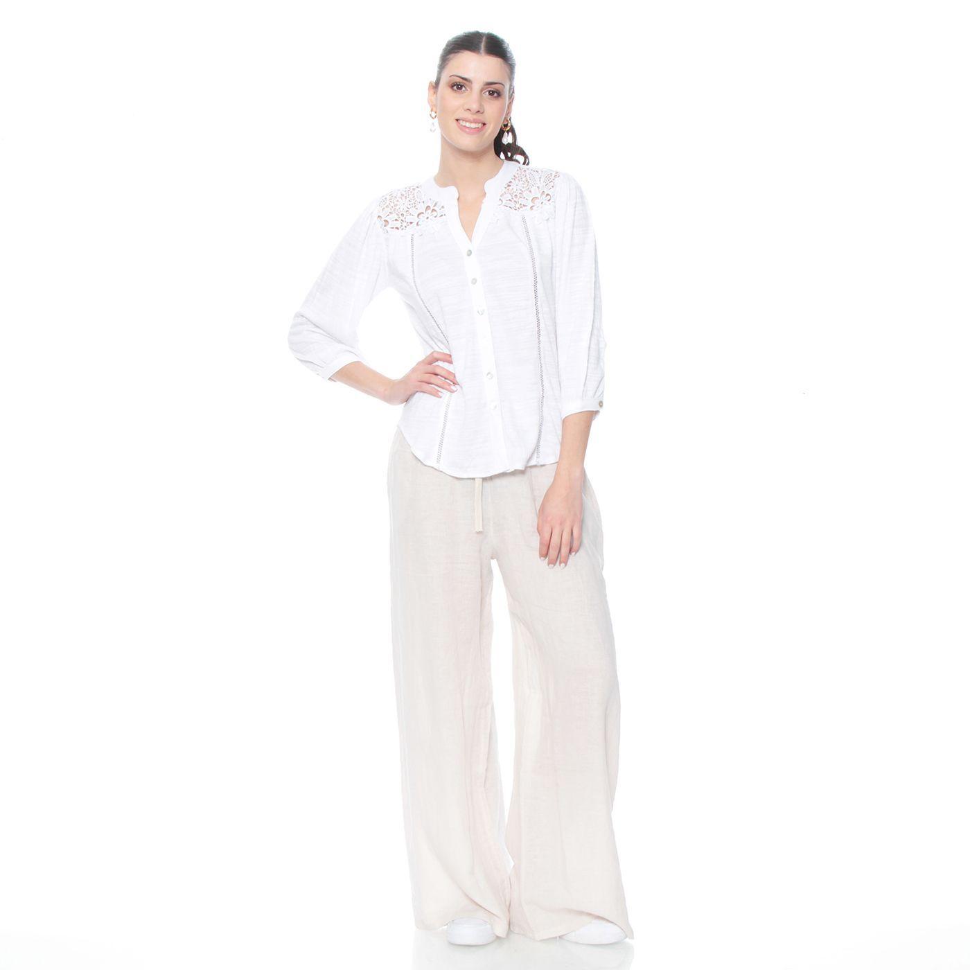 Blusa Manga 3/4 Con  Brodery En Delantero Y Espalda Escote V-4