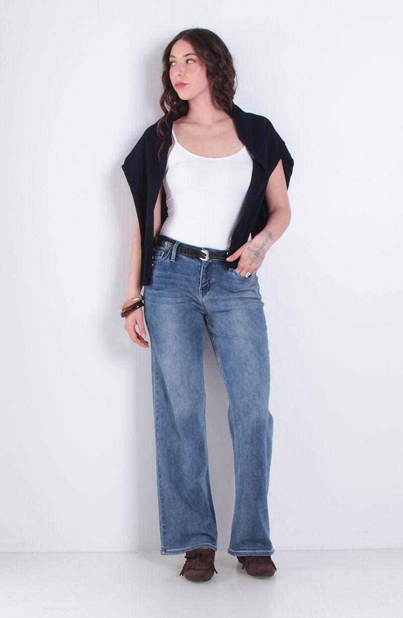 Jeans Wide Leg Tiro Medio Pretina Basica 1 Boton-8