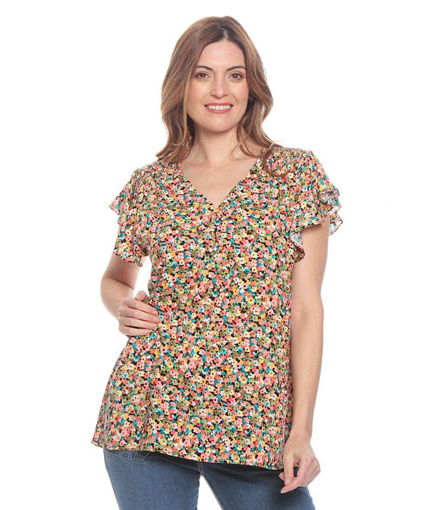 Blusa Manga Corta Volante Estampada Escote V Con Botones-0