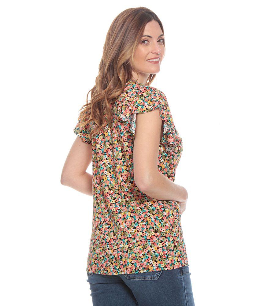 Blusa Manga Corta Volante Estampada Escote V Con Botones-2