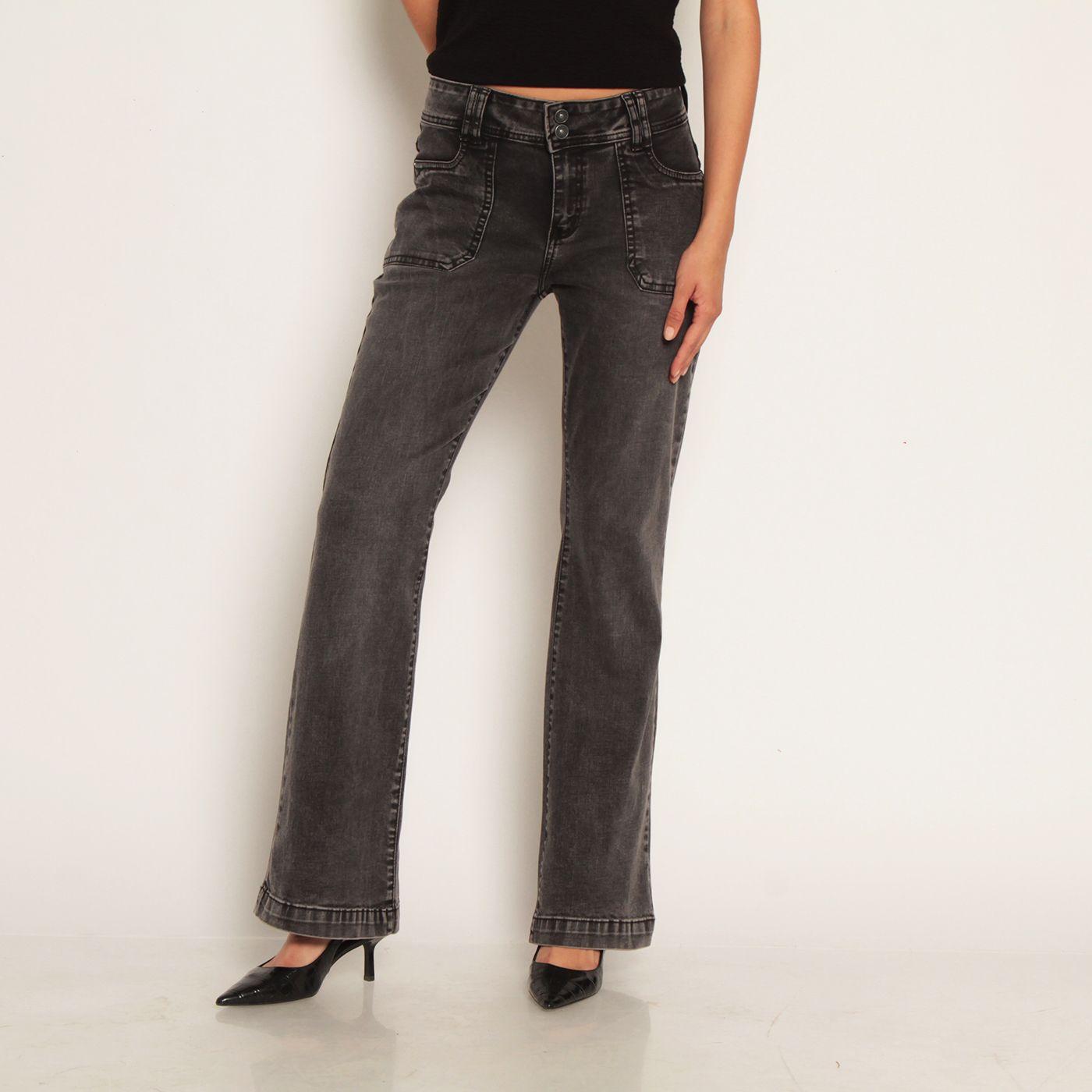 Jeans Cargo Flare Tiro Alto Pretina Media Dos Botones-0