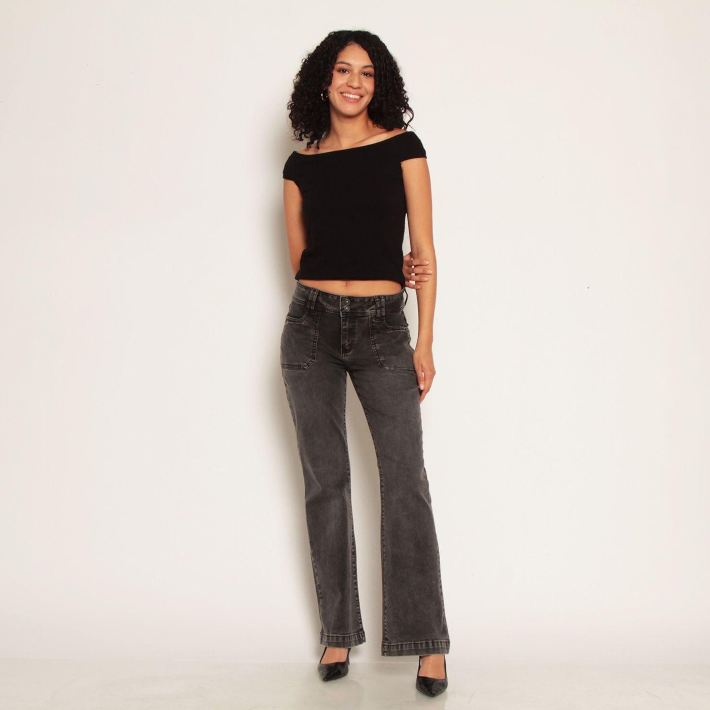 Jeans Cargo Flare Tiro Alto Pretina Media Dos Botones-2