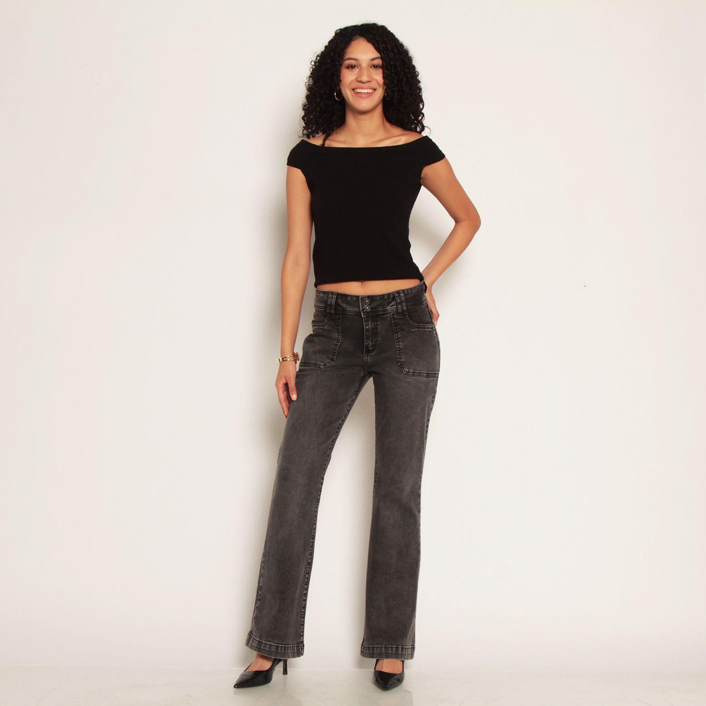 Jeans Cargo Flare Tiro Alto Pretina Media Dos Botones-3