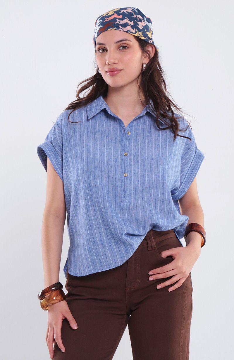 Blusa Manga Corta Listada Escote V-0