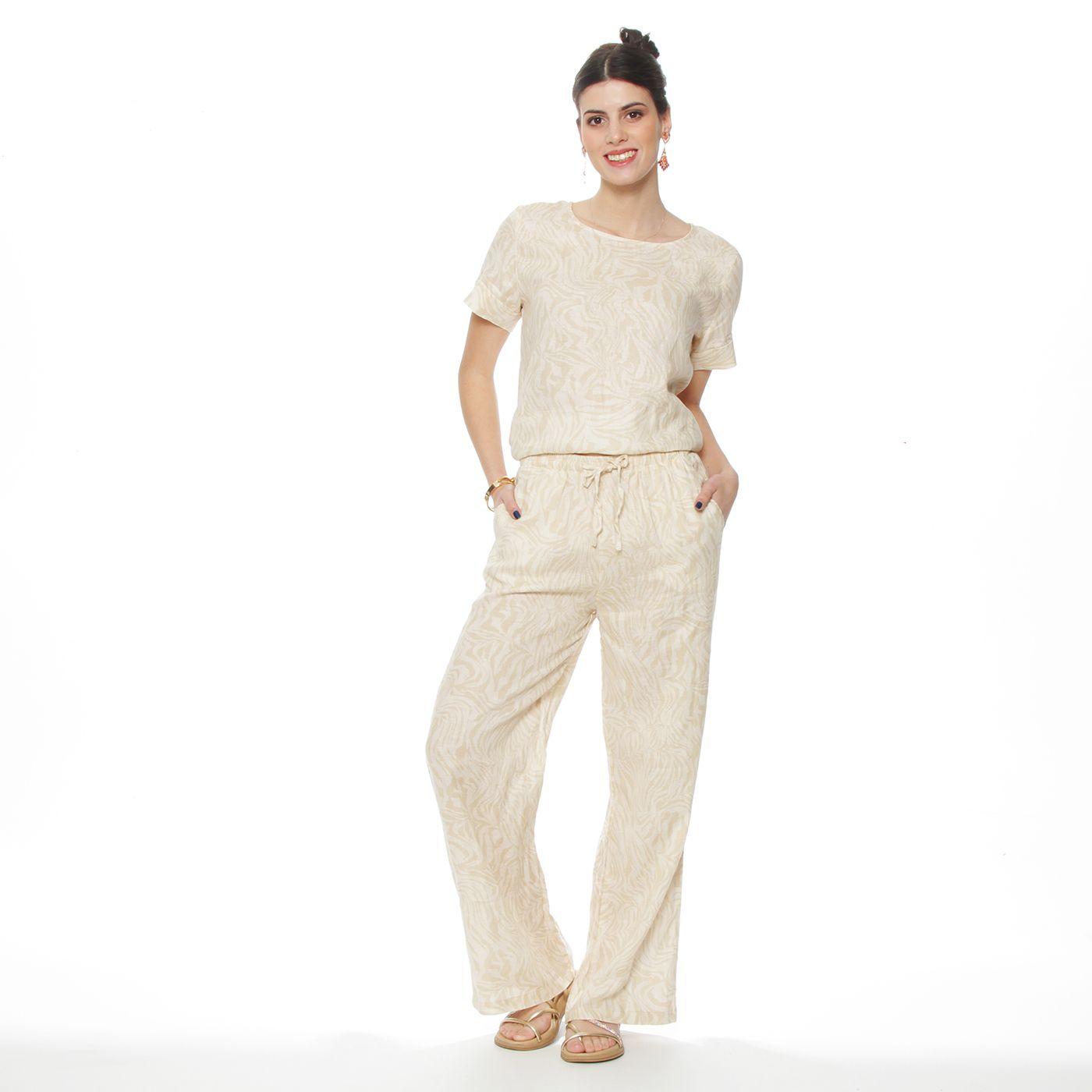Pantalon Lino Estampado Recto  Tiro Alto Pretina Elasticada-4