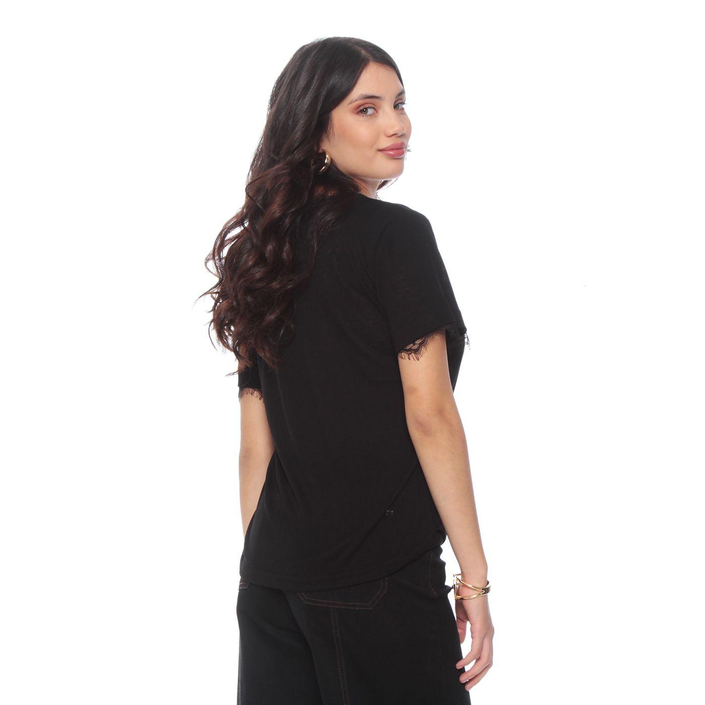 Polera Manga Corta Escote V Con Aplicacion De Encaje En Escote Y Manga-5