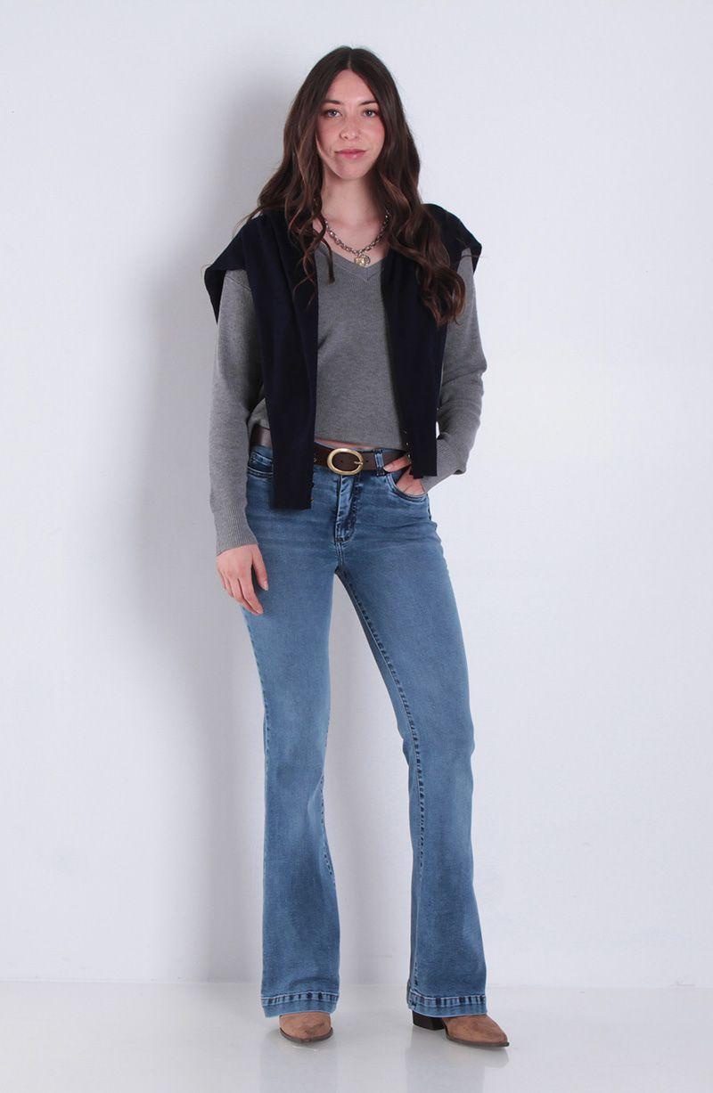 Jeans Flare Tiro Alto Pretina Basica 1 Boton Push Up-2