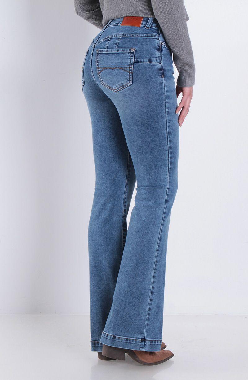Jeans Flare Tiro Alto Pretina Basica 1 Boton Push Up-3
