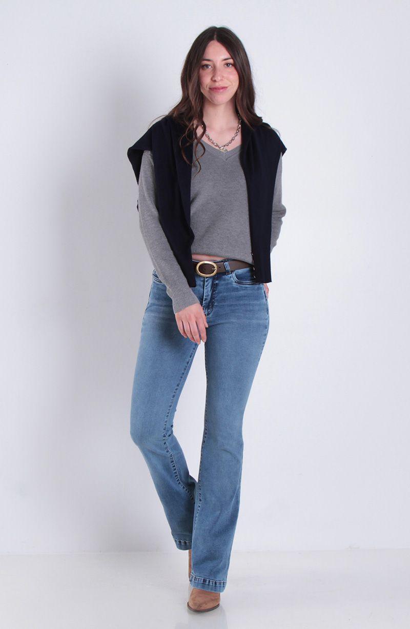 Jeans Flare Tiro Alto Pretina Basica 1 Boton Push Up-8