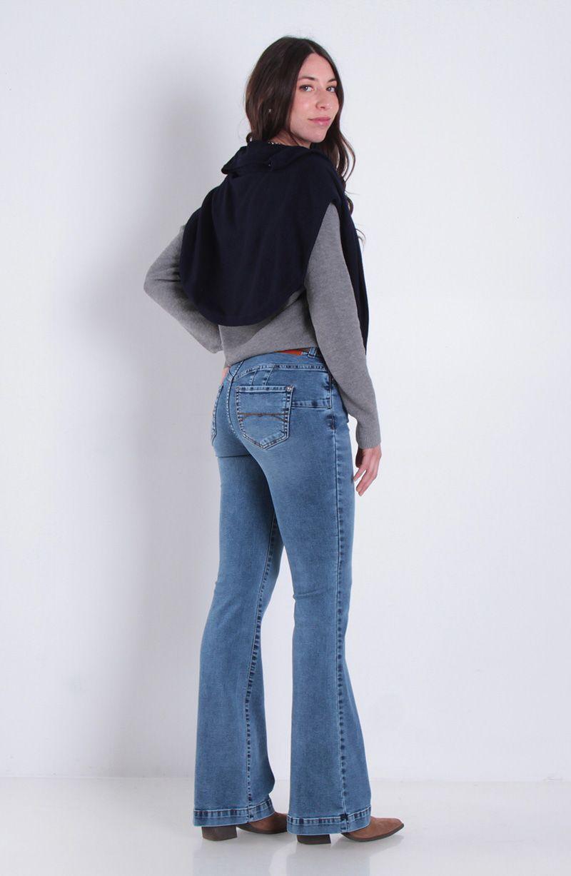 Jeans Flare Tiro Alto Pretina Basica 1 Boton Push Up-9