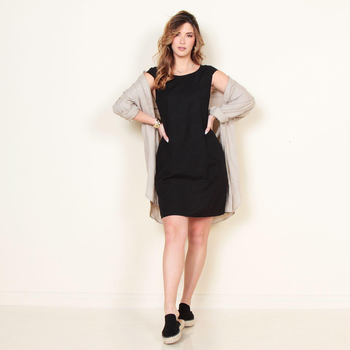 Vestido Lino Con Bolsillos Elasticado En Cintura Espalda-6