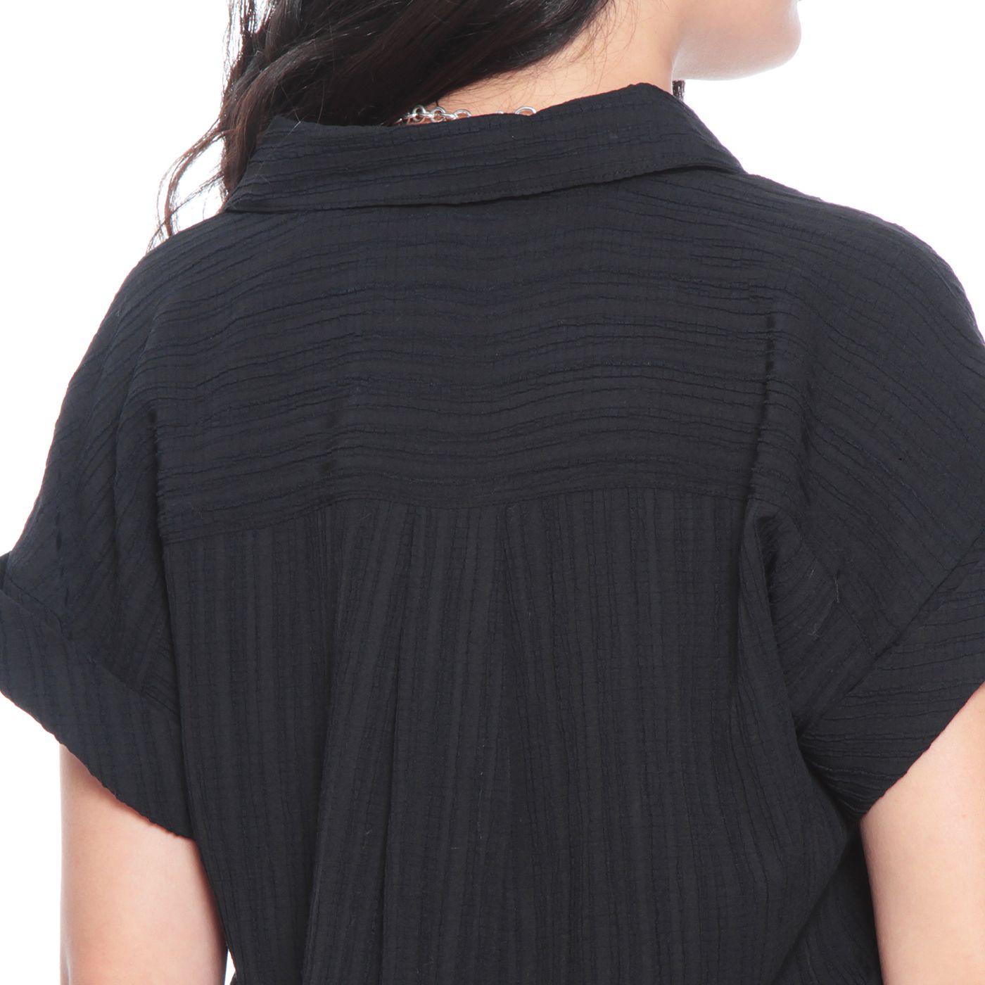 Blusa Manga Corta Solida Abotonada En Delantero Y Nudo-1