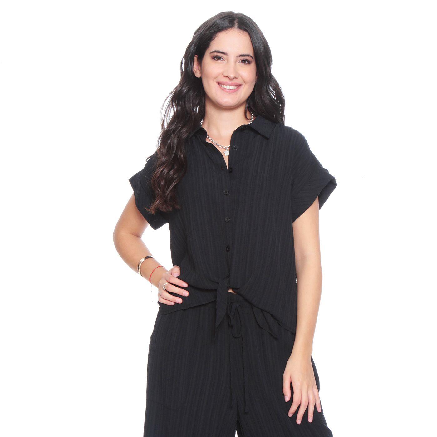 Blusa Manga Corta Solida Abotonada En Delantero Y Nudo-6