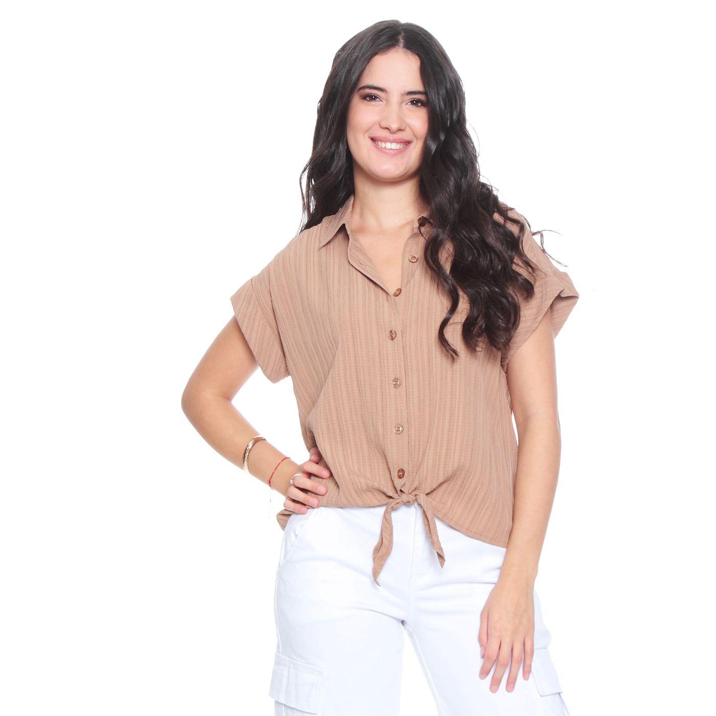 Blusa Manga Corta Solida Abotonada En Delantero Y Nudo-0