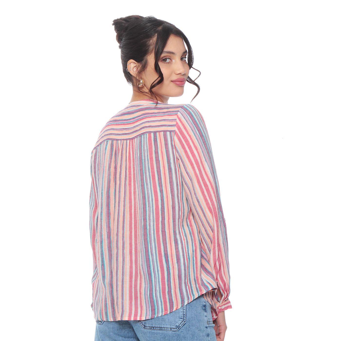 Blusa Manga Larga Listada Cuello Mao Abotonada-4