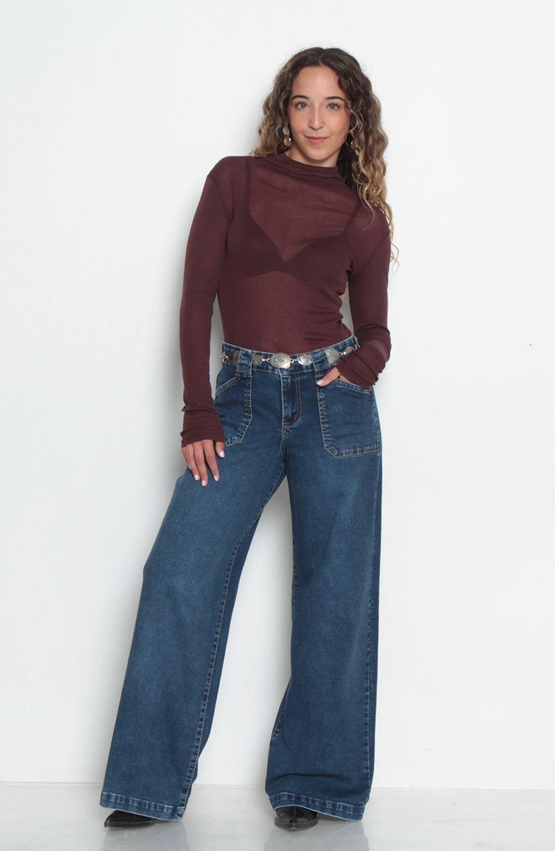 Jeans Wide Cargo Tiro Medio Pretina Basica  1 Boton-6