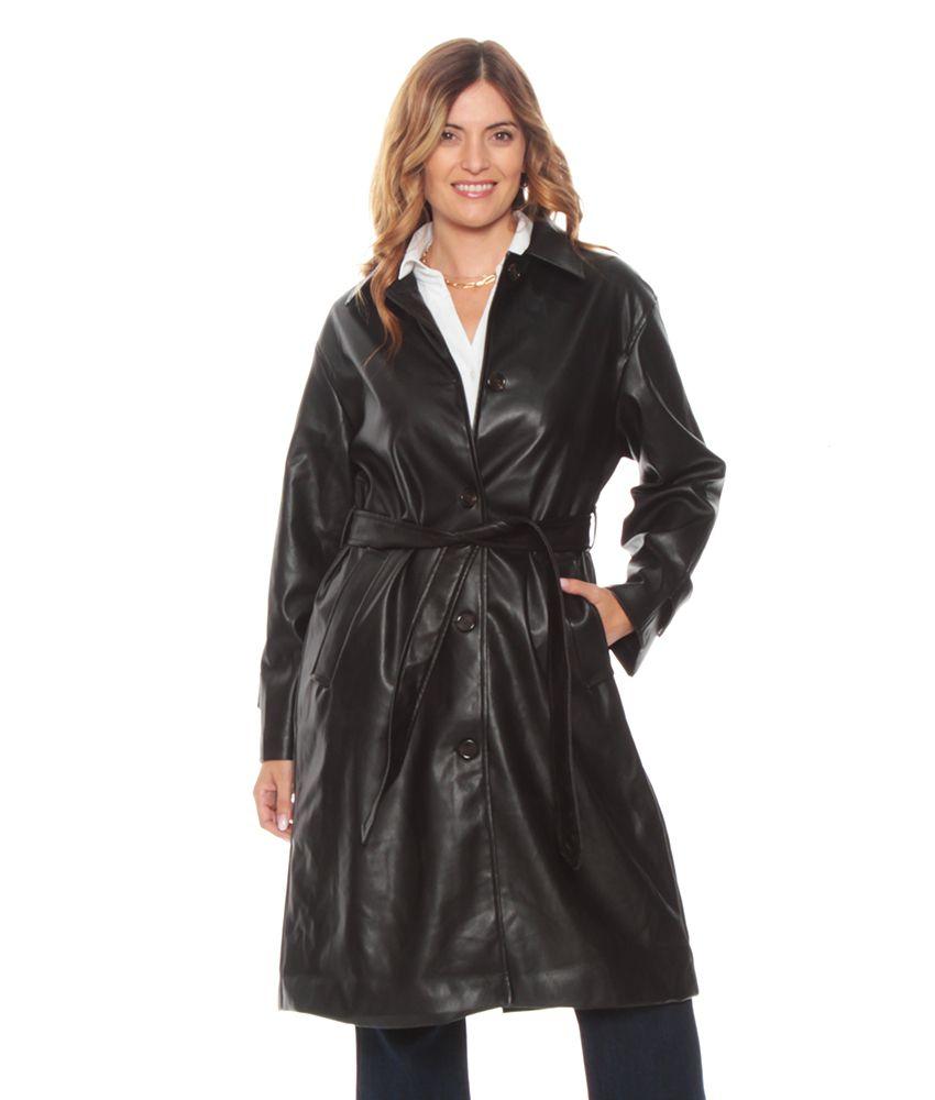 Trench Manga Larga Cuero Ecologico Con Lazo En Cintura-0