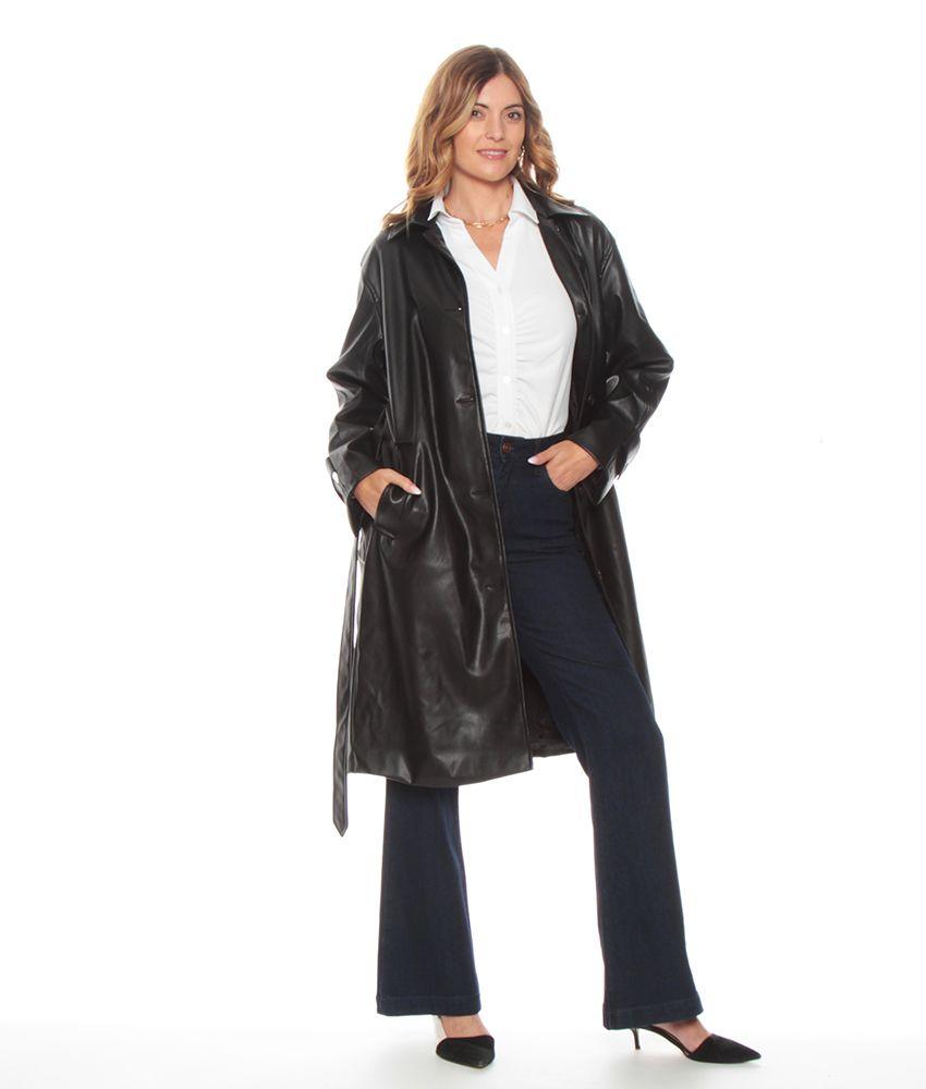 Trench Manga Larga Cuero Ecologico Con Lazo En Cintura-3