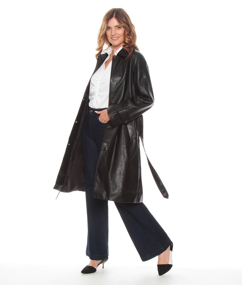 Trench Manga Larga Cuero Ecologico Con Lazo En Cintura-4