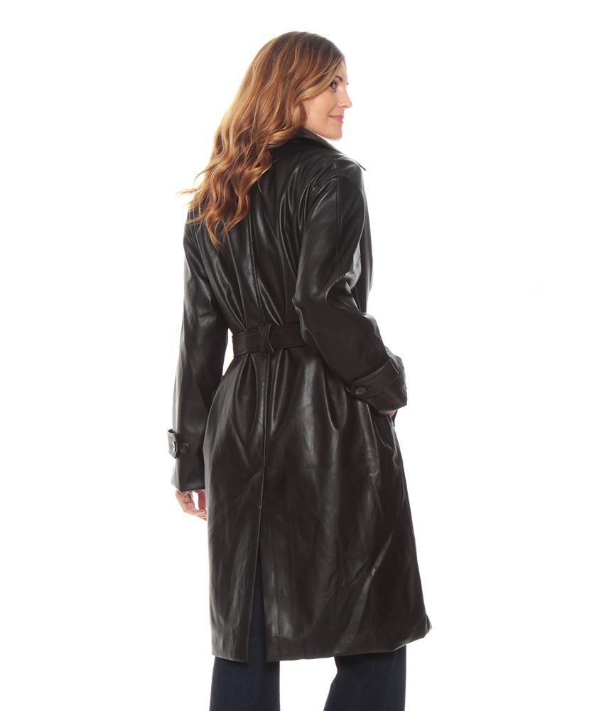 Trench Manga Larga Cuero Ecologico Con Lazo En Cintura-5