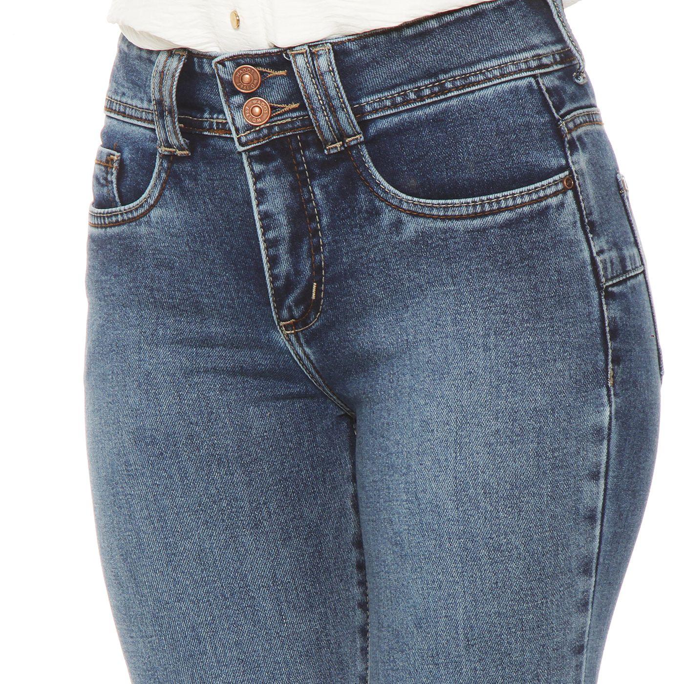 Jeans Flare Tiro Alto Pretina Media   Dos Botones-1