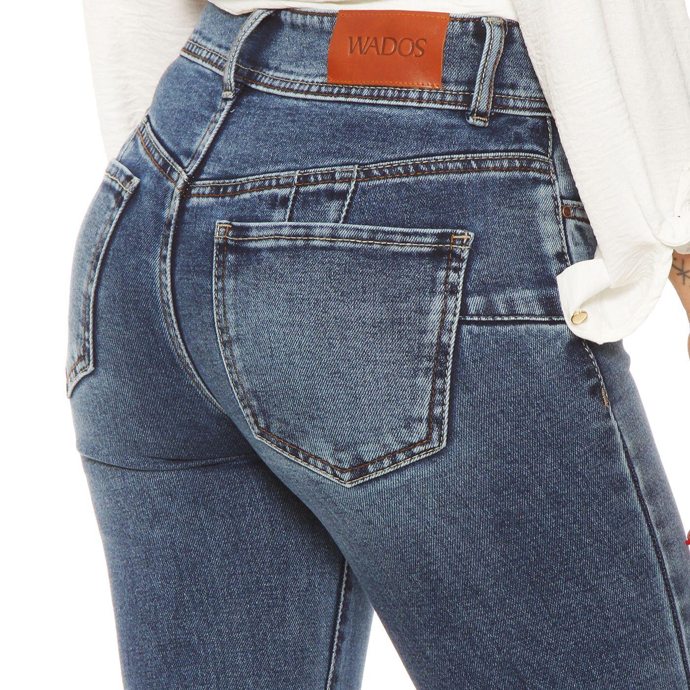 Jeans Flare Tiro Alto Pretina Media   Dos Botones-4