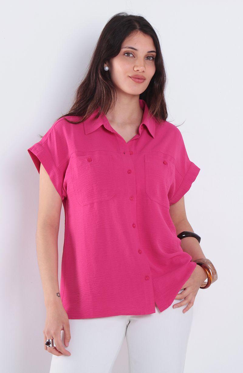 Blusa Manga Corta Abotonada En Delantero Con Bolsillo-0