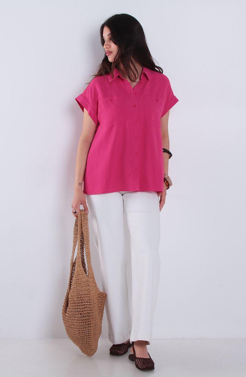 Blusa Manga Corta Abotonada En Delantero Con Bolsillo-3