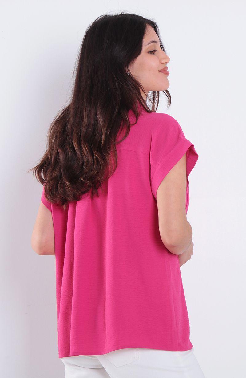 Blusa Manga Corta Abotonada En Delantero Con Bolsillo-4