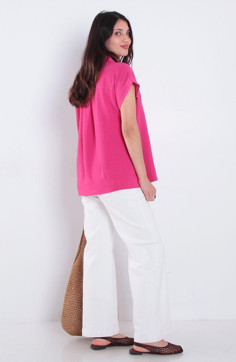 Blusa Manga Corta Abotonada En Delantero Con Bolsillo-5