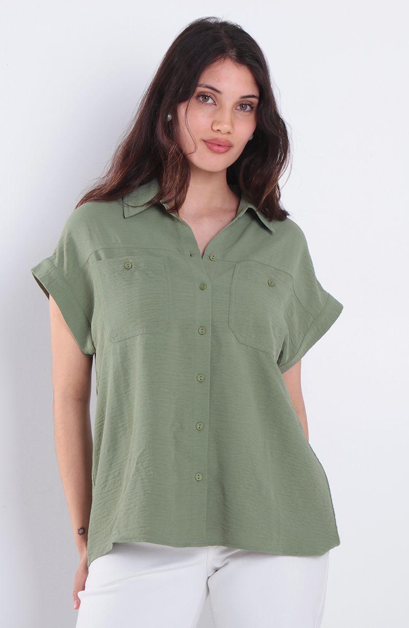 Blusa Manga Corta Abotonada En Delantero Con Bolsillo-0