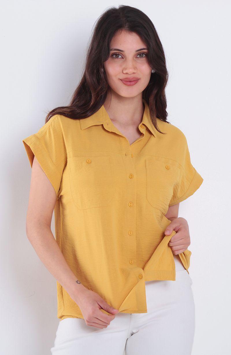 Blusa Manga Corta Abotonada En Delantero Con Bolsillo-0