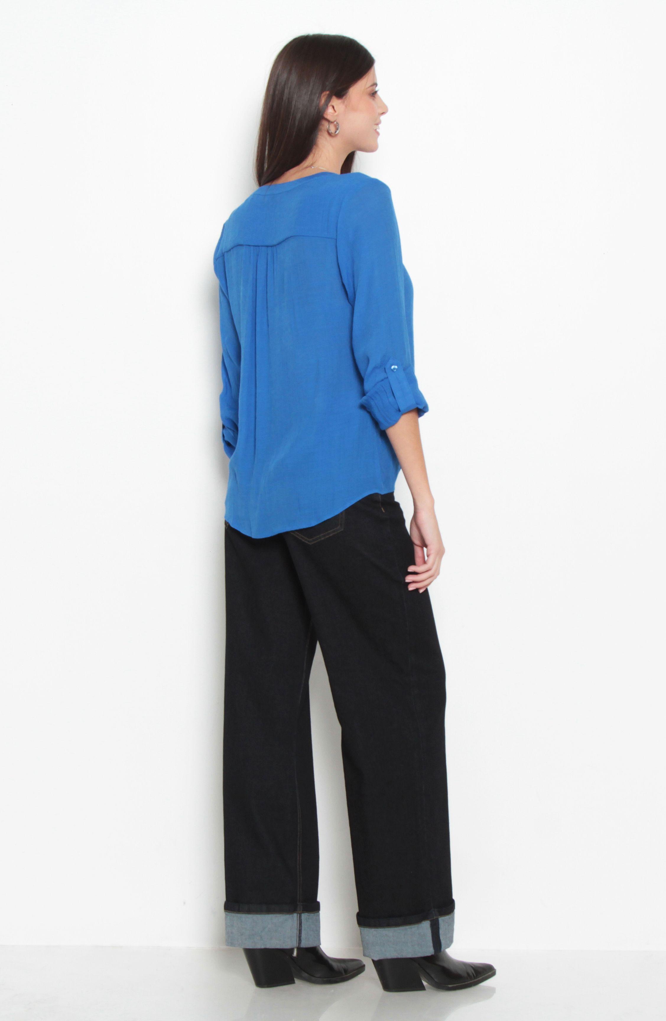 Blusa Manga Larga Escote V Abotonada En Delantero Con Bolsillo-4