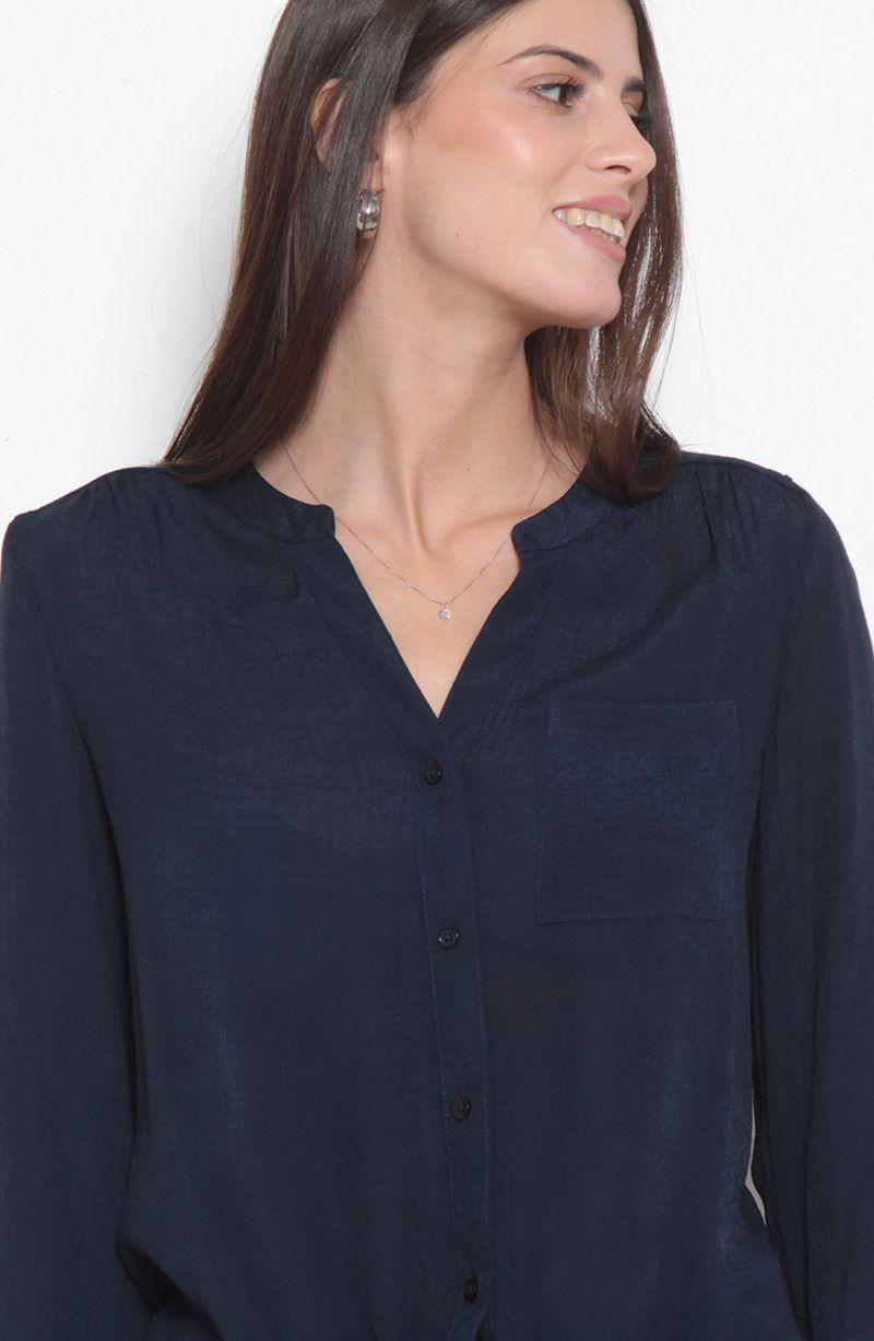 Blusa Manga Larga Escote V Abotonada En Delantero Con Bolsillo-1