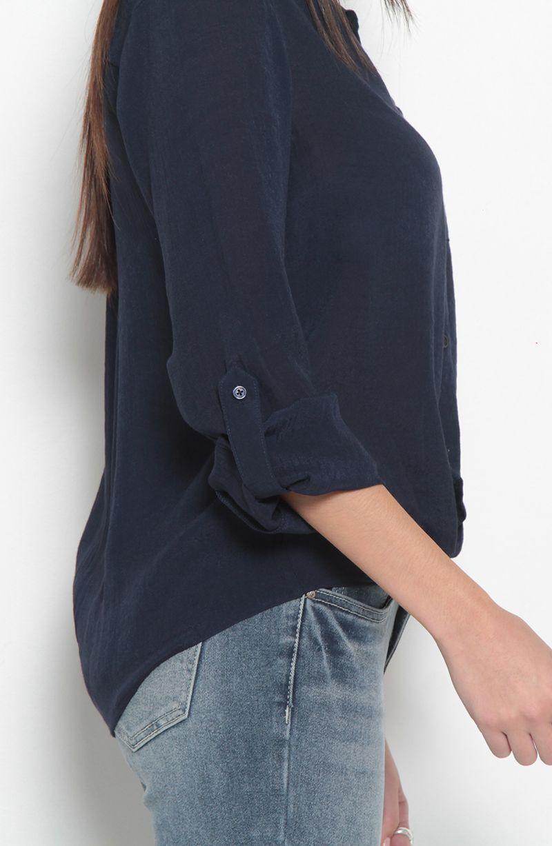 Blusa Manga Larga Escote V Abotonada En Delantero Con Bolsillo-3