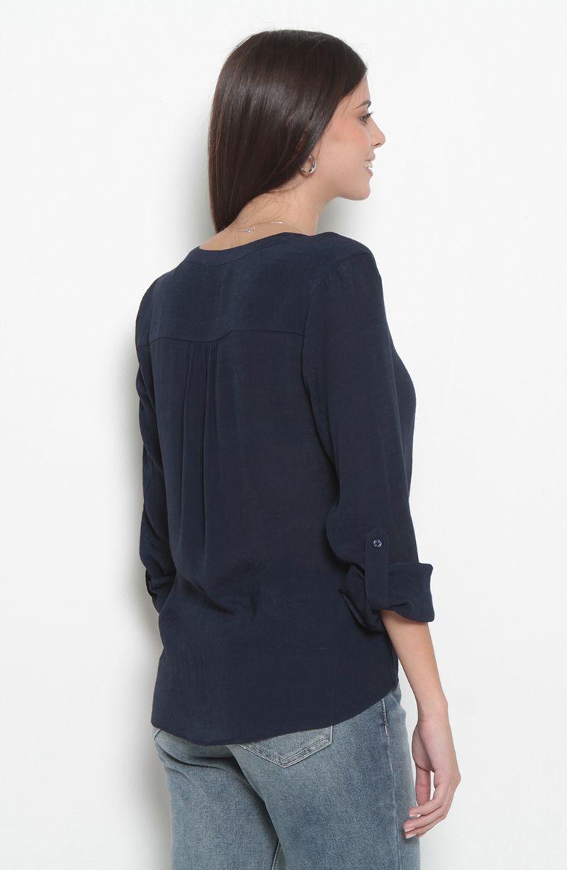 Blusa Manga Larga Escote V Abotonada En Delantero Con Bolsillo-4