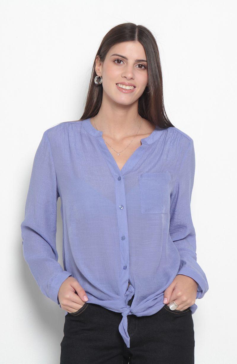 Blusa Manga Larga Escote V Abotonada En Delantero Con Bolsillo-0