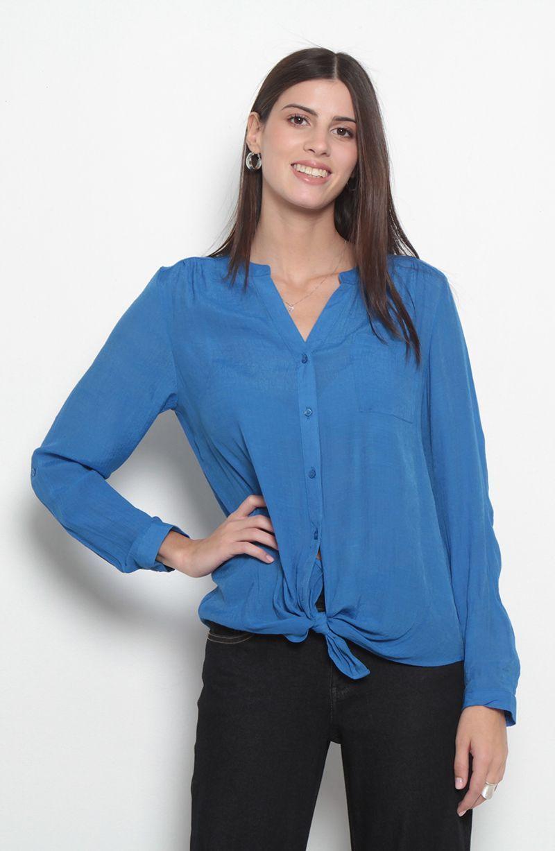 Blusa Manga Larga Escote V Abotonada En Delantero Con Bolsillo-0