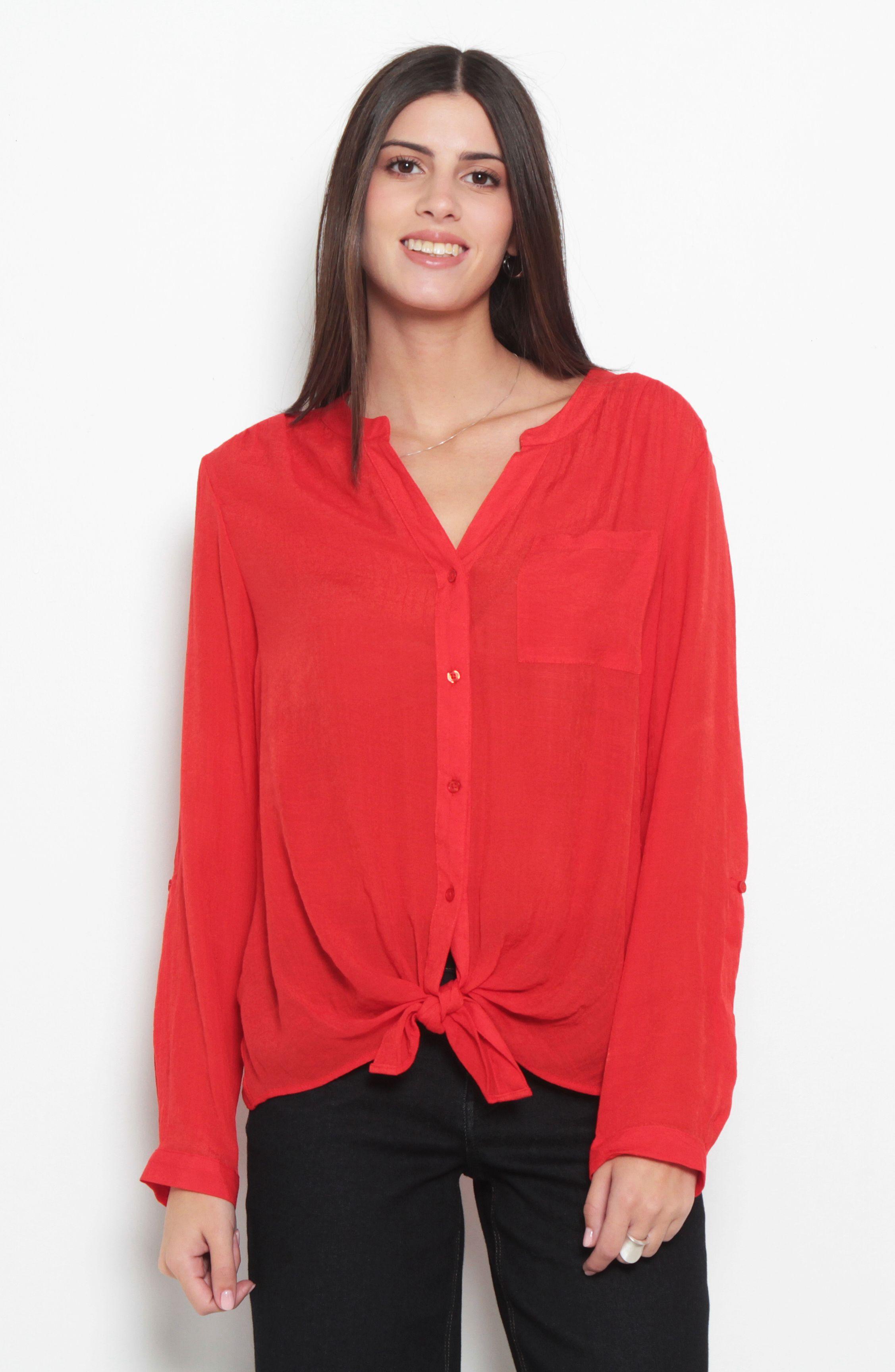 Blusa Manga Larga Escote V Abotonada En Delantero Con Bolsillo-0