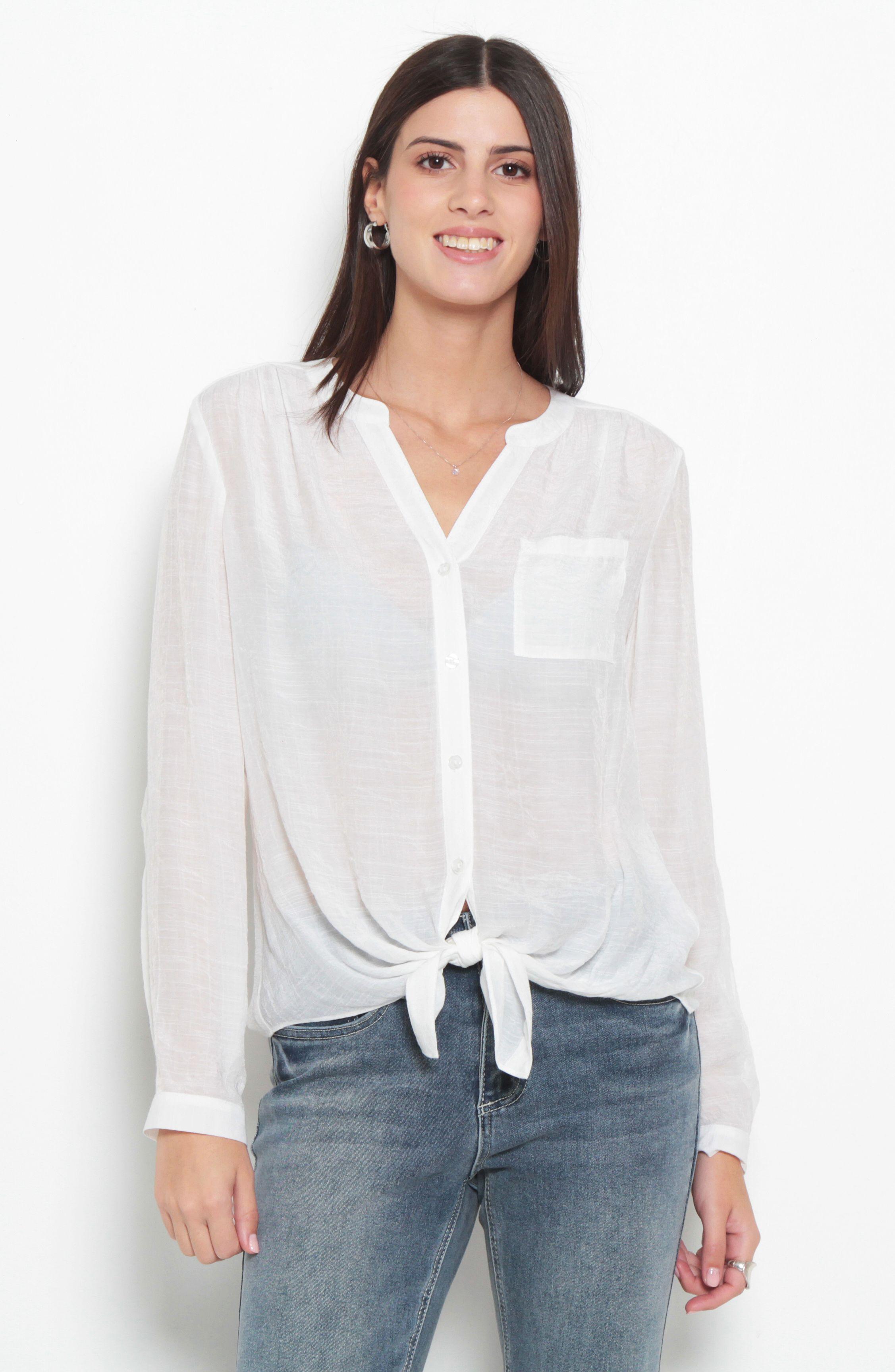 Blusa Manga Larga Escote V Abotonada En Delantero Con Bolsillo-0