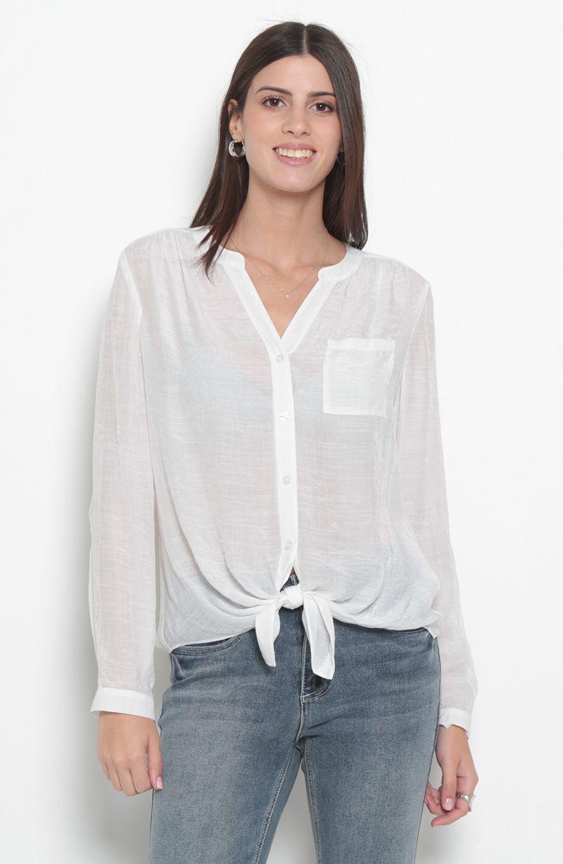 Blusa Manga Larga Escote V Abotonada En Delantero Con Bolsillo-0
