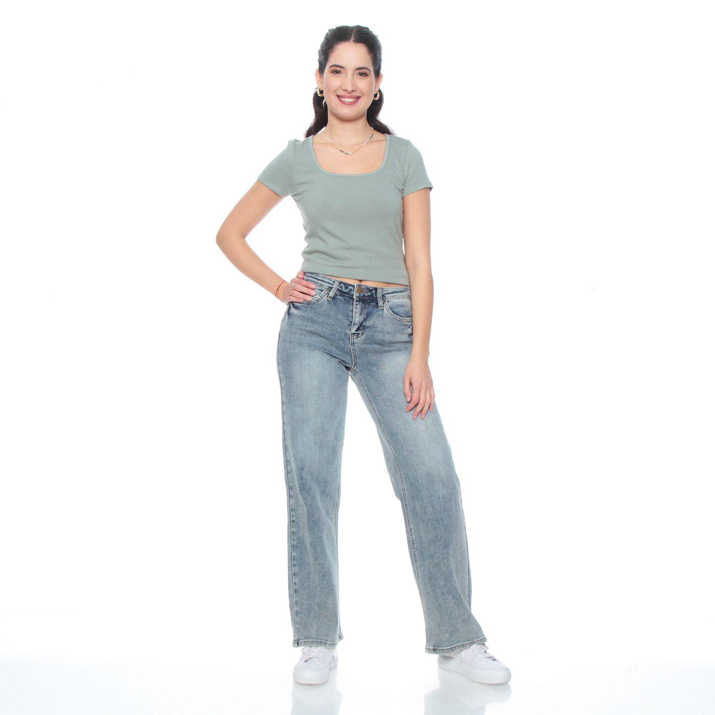 Jeans Wide  Leg Tiro Medio Pretina Basica 1 Boton-1