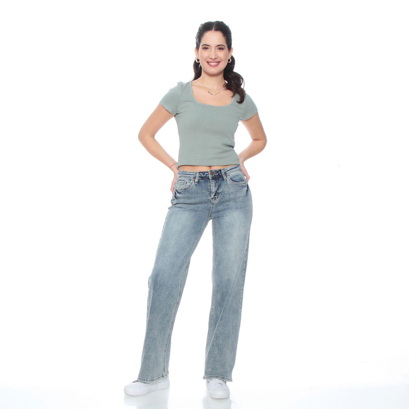 Jeans Wide  Leg Tiro Medio Pretina Basica 1 Boton-4