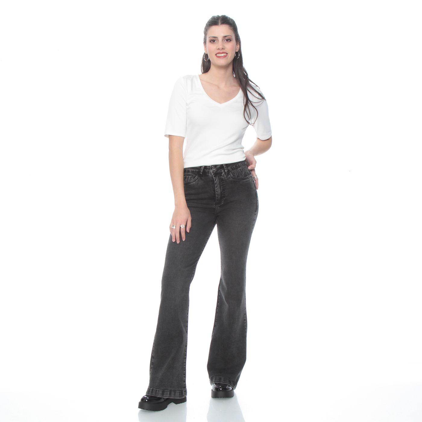 Jeans Flare Tiro Alto  1 Boton Push Up Pretina Basica-5