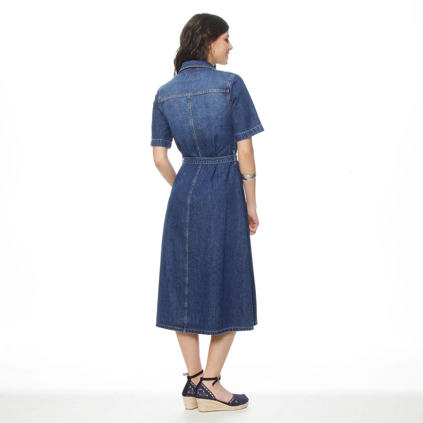 Vestido Manga Corta Denim Abotonado En Delantero Y Lazo En  Cintura-2